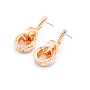 Wholesale rose gold hoops with interlocking double circles and small clear crystals on zinc alloy from JuneJewelry.com – unique fashion jewelry for bulk orders.