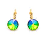 Wholesale crystal stud earrings with purple heart-shaped Swarovski elements on 18K gold plated copper from JuneJewelry.com – romantic jewelry for bulk orders.