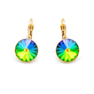Wholesale crystal stud earrings with purple heart-shaped Swarovski elements on 18K gold plated copper from JuneJewelry.com – romantic jewelry for bulk orders.