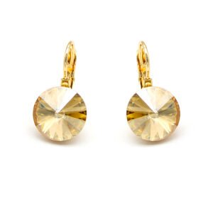 Wholesale crystal stud earrings with purple heart-shaped Swarovski elements on 18K gold plated copper from JuneJewelry.com – romantic jewelry for bulk orders.