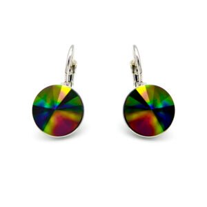 Wholesale crystal stud earrings with purple heart-shaped Swarovski elements on 18K gold plated copper from JuneJewelry.com – romantic jewelry for bulk orders.