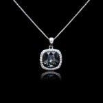 Wholesale cushion crystal necklace with a deep blue Swarovski Elements stone and halo pendant on platinum plated copper from JuneJewelry.com.