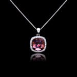 Wholesale cushion crystal necklace with a deep blue Swarovski Elements stone and halo pendant on platinum plated copper from JuneJewelry.com.