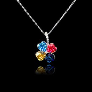 Wholesale clover crystal necklace with four bright blue Swarovski Elements heart stones on platinum plated copper from JuneJewelry.com.