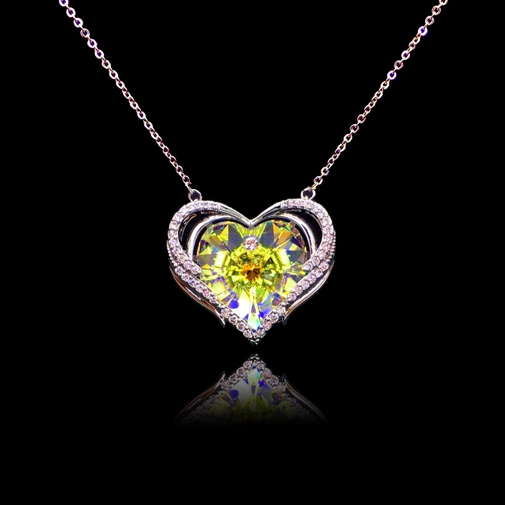 G100344E09Y.122.A Wholesale heart crystal necklace with a large yellow-green Swarovski Elements stone on platinum plated copper from JuneJewelry.com.