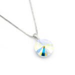 Wholesale crystal solitaire necklace with 14mm sky blue Swarovski element on platinum plated copper from JuneJewelry.com – luxury fashion jewelry for bulk orders.