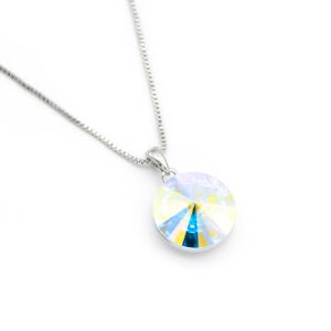 Wholesale crystal solitaire necklace with 14mm sky blue Swarovski element on platinum plated copper from JuneJewelry.com – luxury fashion jewelry for bulk orders.