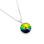 Wholesale crystal solitaire necklace with 14mm sky blue Swarovski element on platinum plated copper from JuneJewelry.com – luxury fashion jewelry for bulk orders.