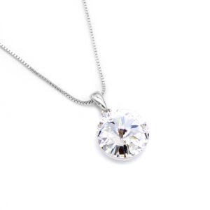 Wholesale crystal solitaire necklace with 14mm sky blue Swarovski element on platinum plated copper from JuneJewelry.com – luxury fashion jewelry for bulk orders.