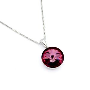 Wholesale crystal solitaire necklace with 14mm sky blue Swarovski element on platinum plated copper from JuneJewelry.com – luxury fashion jewelry for bulk orders.