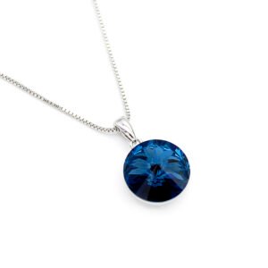 Wholesale crystal solitaire necklace with 14mm sky blue Swarovski element on platinum plated copper from JuneJewelry.com – luxury fashion jewelry for bulk orders.