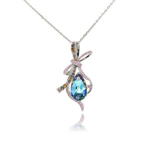 Wholesale Teardrop Crystal Necklace with blue stone and ribbon design on platinum plated copper from JuneJewelry.com.
