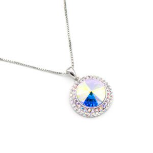 Wholesale crystal pendant necklace with multi-color Swarovski element and platinum plated copper from JuneJewelry.com – luxury fashion jewelry for bulk orders.