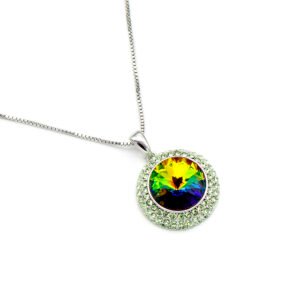 Wholesale crystal pendant necklace with multi-color Swarovski element and platinum plated copper from JuneJewelry.com – luxury fashion jewelry for bulk orders.