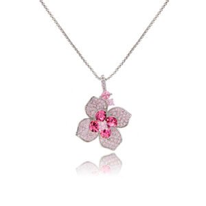 Wholesale Crystal Flower Necklace with sparkling pink Swarovski elements crystals on platinum plated copper from JuneJewelry.com.