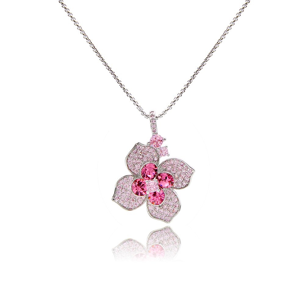 G100841E01Y.89.A Wholesale Crystal Flower Necklace with sparkling pink Swarovski elements crystals on platinum plated copper from JuneJewelry.com.