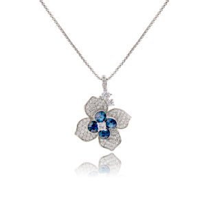 Wholesale Crystal Flower Necklace with sparkling pink Swarovski elements crystals on platinum plated copper from JuneJewelry.com.