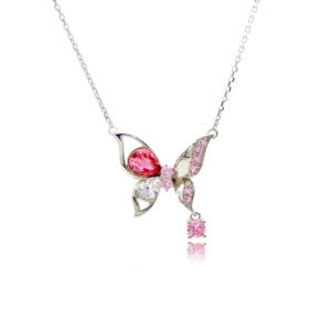 Wholesale Butterfly Crystal Necklace with pink and white stones on platinum plated copper from JuneJewelry.com – unique boutique fashion jewelry.