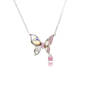Wholesale Butterfly Crystal Necklace with pink and white stones on platinum plated copper from JuneJewelry.com – unique boutique fashion jewelry.