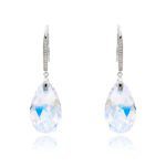 Wholesale crystal teardrop earrings with a blue-purple Swarovski element stone on platinum plated copper from JuneJewelry.com – bulk bridal fashion jewelry.