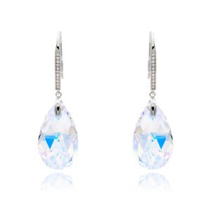 Wholesale crystal teardrop earrings with a blue-purple Swarovski element stone on platinum plated copper from JuneJewelry.com – bulk bridal fashion jewelry.