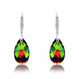 Wholesale crystal teardrop earrings with a blue-purple Swarovski element stone on platinum plated copper from JuneJewelry.com – bulk bridal fashion jewelry.