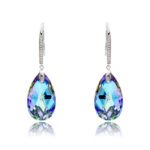 Wholesale crystal teardrop earrings with a blue-purple Swarovski element stone on platinum plated copper from JuneJewelry.com – bulk bridal fashion jewelry.