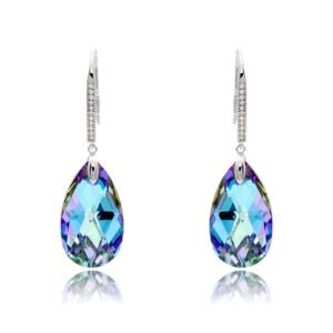 Wholesale crystal teardrop earrings with a blue-purple Swarovski element stone on platinum plated copper from JuneJewelry.com – bulk bridal fashion jewelry.