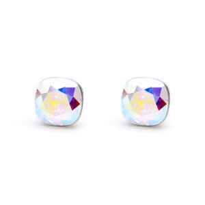 Wholesale aurora crystal earrings with square Swarovski elements and platinum plated copper from JuneJewelry.com – iridescent fashion jewelry for bulk orders.