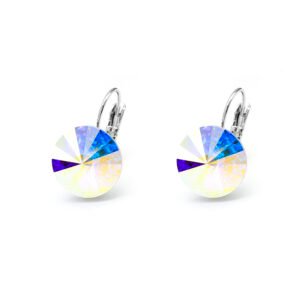 Wholesale teardrop crystal earrings with clear Swarovski elements and platinum plated copper from JuneJewelry.com – luxury bridal jewelry for bulk orders.