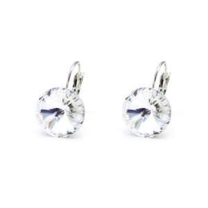 Wholesale teardrop crystal earrings with clear Swarovski elements and platinum plated copper from JuneJewelry.com – luxury bridal jewelry for bulk orders.
