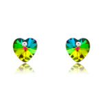 Wholesale heart crystal earrings with multi-color Swarovski Elements crystals on platinum plated brass from JuneJewelry.com – unique romantic jewelry for bulk orders.
