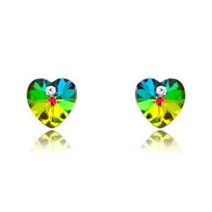 Wholesale heart crystal earrings with multi-color Swarovski Elements crystals on platinum plated brass from JuneJewelry.com – unique romantic jewelry for bulk orders.