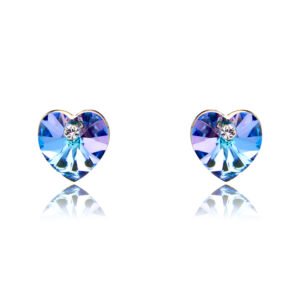 Wholesale heart crystal earrings with multi-color Swarovski Elements crystals on platinum plated brass from JuneJewelry.com – unique romantic jewelry for bulk orders.
