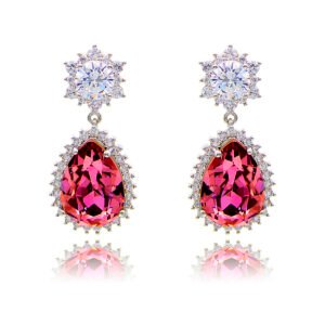 Wholesale statement crystal earrings with a pink pear-shaped Swarovski element stone and platinum plated copper from JuneJewelry.com – bulk bridal jewelry.