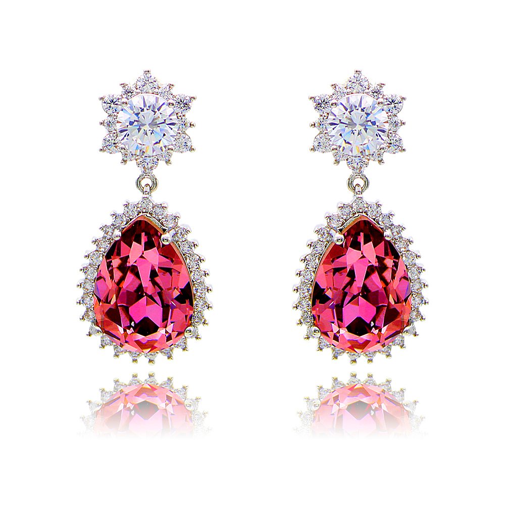G300386E01Y.149.A Wholesale statement crystal earrings with a pink pear-shaped Swarovski element stone and platinum plated copper from JuneJewelry.com – bulk bridal jewelry.