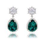 Wholesale statement crystal earrings with a pink pear-shaped Swarovski element stone and platinum plated copper from JuneJewelry.com – bulk bridal jewelry.