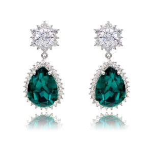 Wholesale statement crystal earrings with a pink pear-shaped Swarovski element stone and platinum plated copper from JuneJewelry.com – bulk bridal jewelry.
