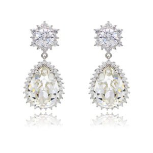 Wholesale statement crystal earrings with a pink pear-shaped Swarovski element stone and platinum plated copper from JuneJewelry.com – bulk bridal jewelry.