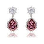 Wholesale statement crystal earrings with a pink pear-shaped Swarovski element stone and platinum plated copper from JuneJewelry.com – bulk bridal jewelry.