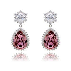 Wholesale statement crystal earrings with a pink pear-shaped Swarovski element stone and platinum plated copper from JuneJewelry.com – bulk bridal jewelry.