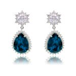 Wholesale statement crystal earrings with a pink pear-shaped Swarovski element stone and platinum plated copper from JuneJewelry.com – bulk bridal jewelry.