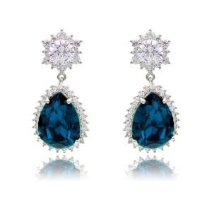 Wholesale statement crystal earrings with a pink pear-shaped Swarovski element stone and platinum plated copper from JuneJewelry.com – bulk bridal jewelry.