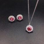 Wholesale crystal jewelry set with pink Swarovski crystal pendant and earrings on platinum plated brass from JuneJewelry.com.
