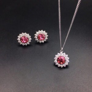 Wholesale crystal jewelry set with pink Swarovski crystal pendant and earrings on platinum plated brass from JuneJewelry.com.