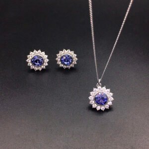 Wholesale crystal jewelry set with pink Swarovski crystal pendant and earrings on platinum plated brass from JuneJewelry.com.