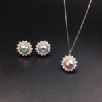 Wholesale crystal jewelry set with pink Swarovski crystal pendant and earrings on platinum plated brass from JuneJewelry.com.