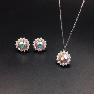 Wholesale crystal jewelry set with pink Swarovski crystal pendant and earrings on platinum plated brass from JuneJewelry.com.