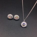 Wholesale crystal jewelry set with pink Swarovski crystal pendant and earrings on platinum plated brass from JuneJewelry.com.