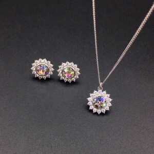 Wholesale crystal jewelry set with pink Swarovski crystal pendant and earrings on platinum plated brass from JuneJewelry.com.